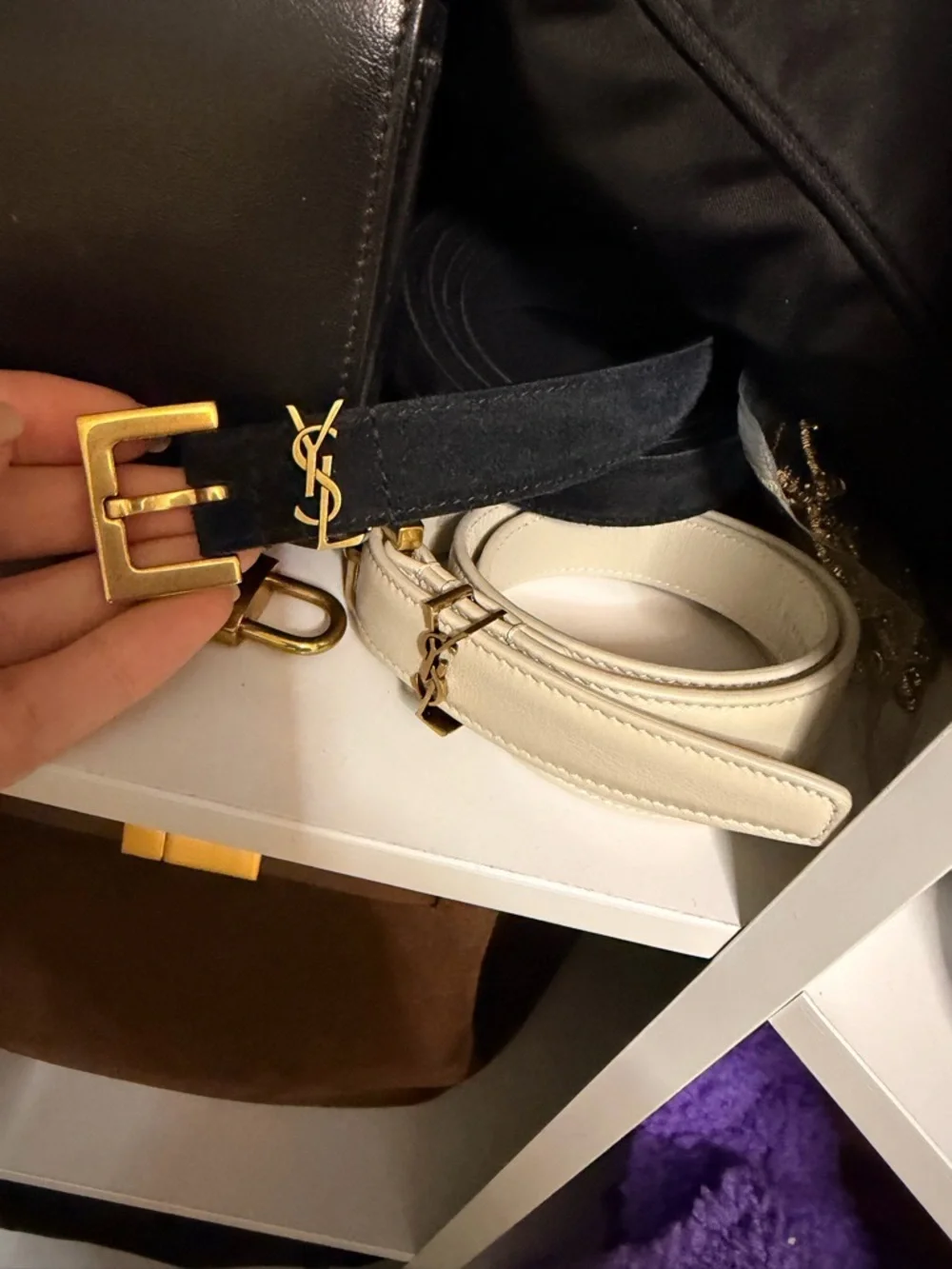 Saint Laurent Black Suede Logo Belt with Gold Buckle. Like new! 95cm